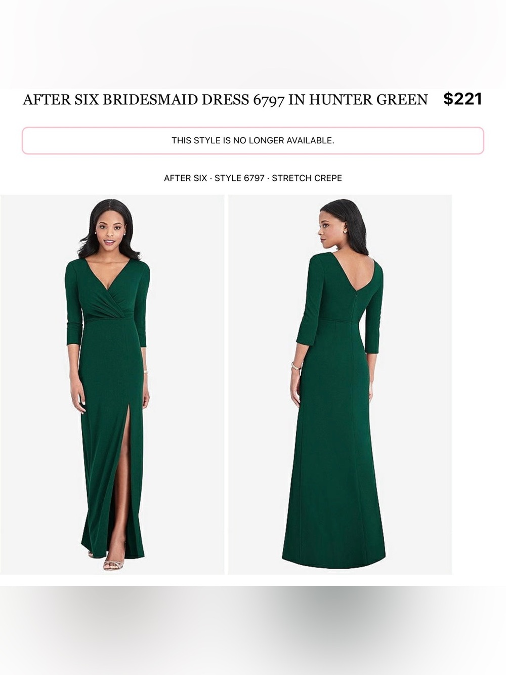 After Six Hunter Green V-Neck Maxi Dress with Front Slit